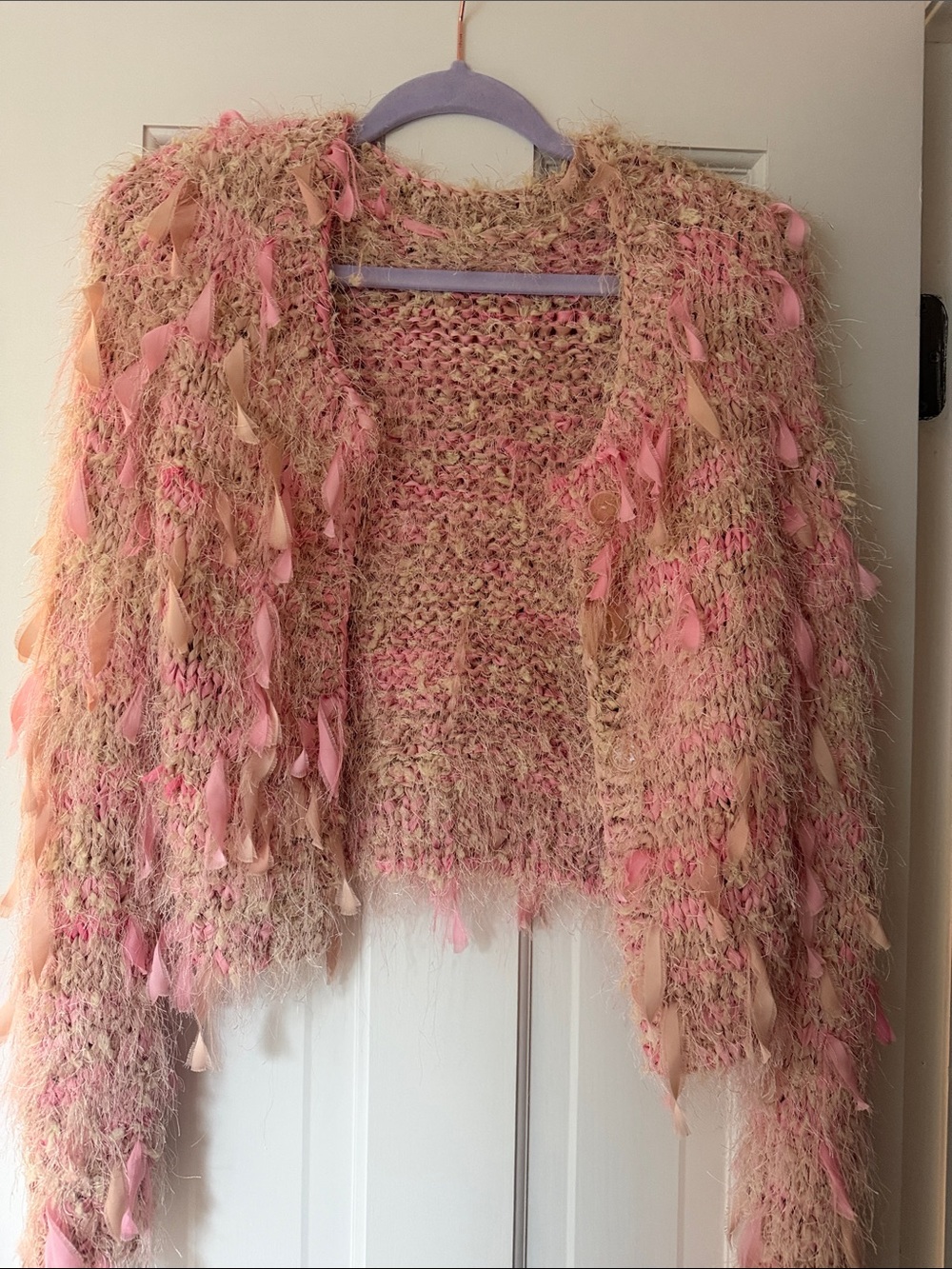 LoveShackFancy Pink & Cream Textured Fringe Cardigan